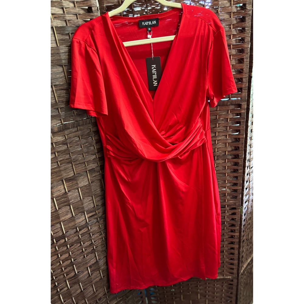 Kaimilan Red Midi Dress Size 14 V-Neck Short Sleeve Party‎ Cocktail